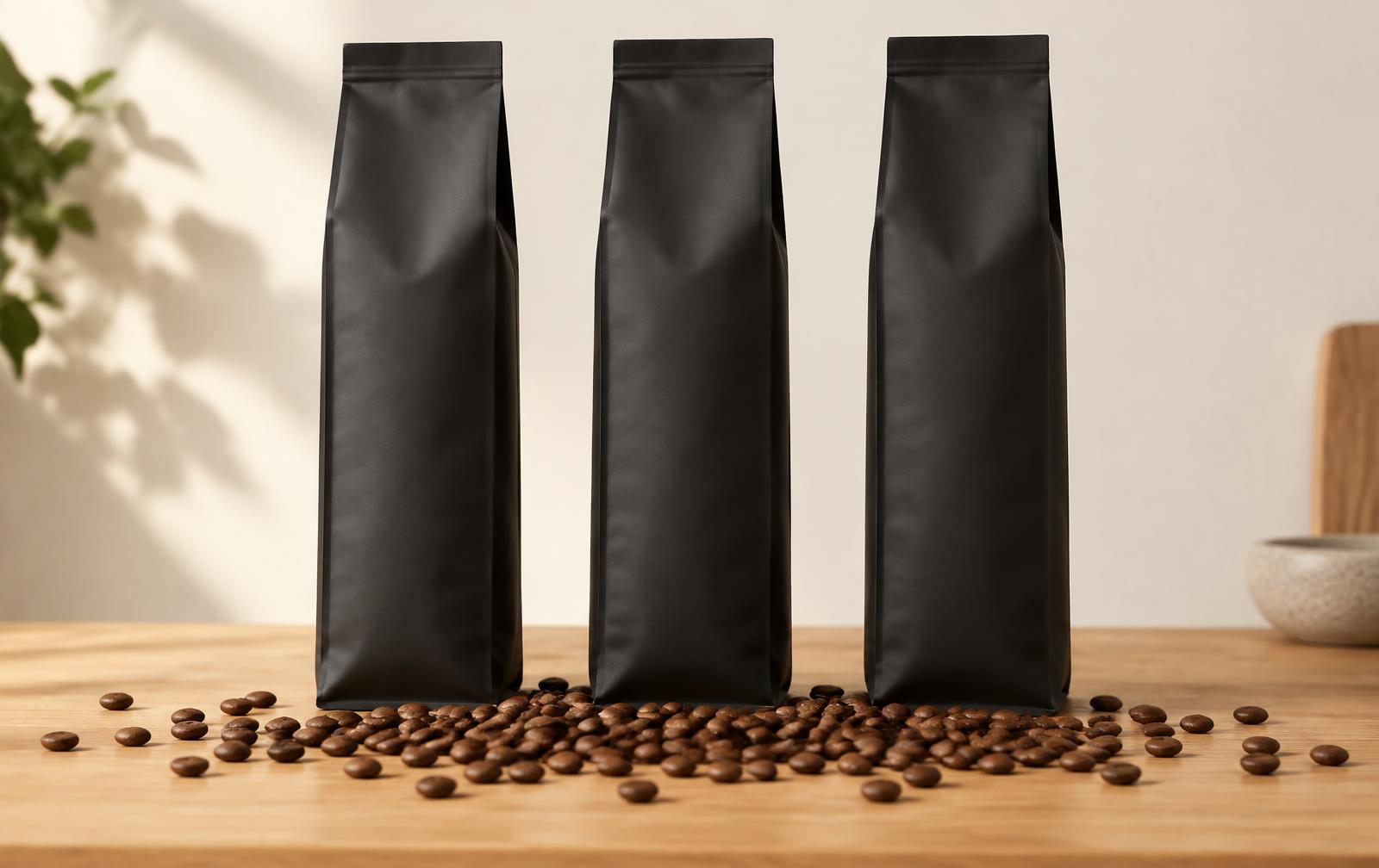 Drie identiese swart koffiesakke langs mekaar met koffiebone